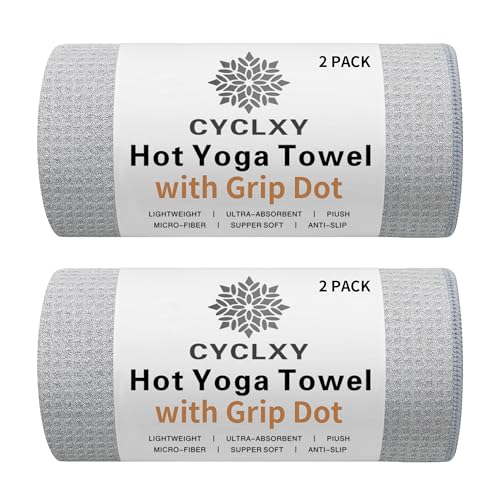 CYCLXY 2 Pack Hot Yoga Towel with Grip Dot，Stickyfiber Yoga Mat Towels Non Slip for Hot Yoga,Absorbent Microfiber Sweat Anti-Slip Cover,Bikram,Pilates,Exercise,Fitness