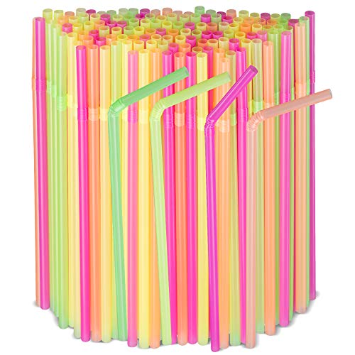 [500 Pack] Neon Colored Flexible Plastic Drinking Straws Disposable Straw 8'' inches Tall Assorted Colors