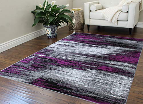 Masada Rugs, Modern Contemporary Area Rug, Purple Grey Black (5 Feet X 7 Feet)