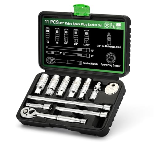 TecoTek 11-Piece Spark Plug Socket Set with 3/8" Drive Ratchet Handle, Spark Plug Gapper, Universal Joint and Extension Bar, 5/8", 3/4", 13/16", 14mm, 18mm, CR-V Sockets with Rubber Retaining Rings