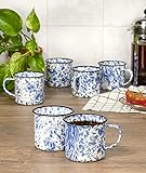 Red Co. Set of 6 Enamelware Metal Medium Classic 12 Oz Round Coffee and Tea Mug with Handle, Navy Blue Marble/Black Rim – Splatter Design