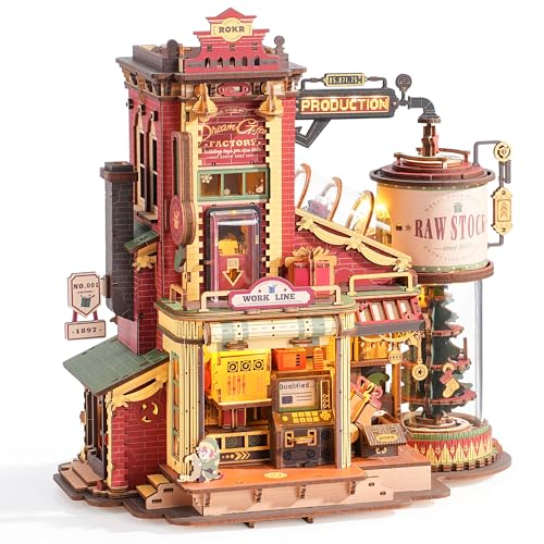 ROKR 3D Puzzle for Adults Christmas Style Dream Gift Factory Wooden Model Kit Luminous Factory DIY Dollhouse Kit Building with Music, Lights and 5 Elves for Teens & Kids