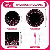 96Pcs Hot Pink and Black Party Supplies 350GSM Hot Pink Dots on Black Party Plates and Napkins Black and Pink Birthday Tableware Sets for Bachelorette Birthday Wedding Party Decorations,Serves 24