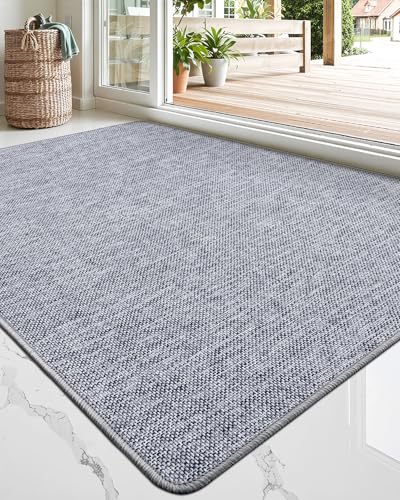 LUMI Ultra Thin Door Mat for Entryway, Low Profile Non Slip Rubber Backing Indoor Doormat, Easy Clean Welcome Entrance Mat for Inside House, Patio, Light Grey 20x32