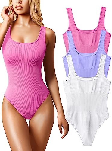 OQQ Women's 3 Piece Bodysuits Sexy Ribbed Sleeveless Square Neck Tank Tops Leotard 2025 Trendy Outfits Dry rose Rose Purple White