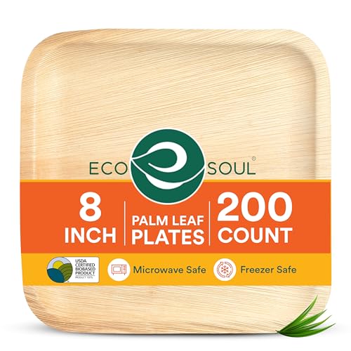 ECO SOUL Compostable 8 Inch Palm Leaf Square Plates (200 Count) Like Bamboo Plates | Biodegradable | Eco-Friendly, Microwave & Oven Safe