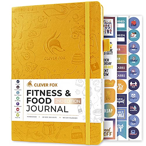 Clever Fox Fitness & Food Journal – Nutrition & Workout Planner for Women & Men – Diet & Gym Exercise Log Book with Calendars, Diet & Training Trackers - Undated, A5 Size, Hardcover (Amber Yellow)