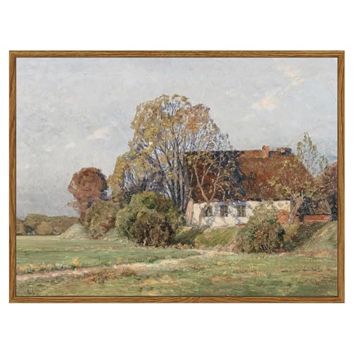 ARPEOTCY Vintage Farm Framed Wall Art, Farm Cottage Scenery Retro Painting Decor Aesthetic, 12x16 Inch Canvas Print Artwork, Country Farmhouse Landscape Wall Pictures for Room Decor