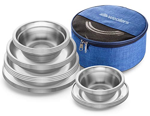 Wealers Stainless Steel Plates and Bowls Camping Set Small and Large Dinnerware for Kids, Adults, Family | Camping, Hiking, Beach, Outdoor Use | Incl. Travel Bag (24 Piece Set)