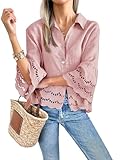 Cicy Bell Womens 3/4 Bell Sleeve Button Down Shirts Casual Ruffle Hem Tops Eyelet Blouse Pink