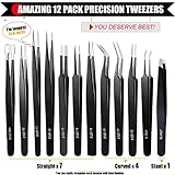 Antonki 12 Pack Tweezers, Precision Tweezers Set, Craft Tweezer Kit, Soldering Tweezers, Jewelry Tweezers, Pointed Ingrown Hair Tweezers, Eyelash Extension Tweezers, Eyebrow Tweezers - with Case