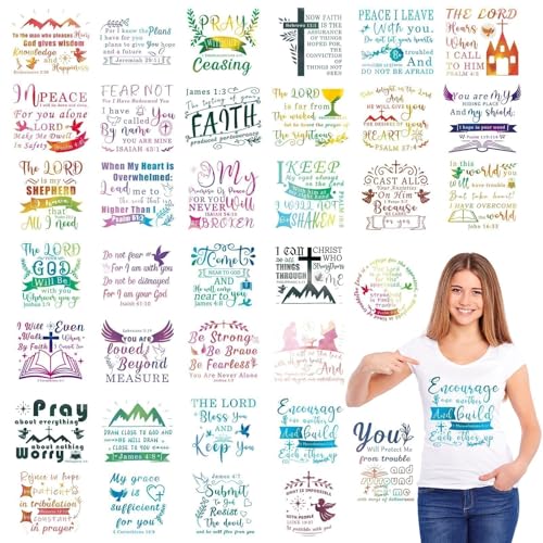 36 Sheets Christian Iron On Patches for T Shirts Bible Verses Iron on Transfers for Clothing Heat Transfer Iron on Decals Jesus Inspirational Quote Appliques Sticker for Hat Jacket Backpacks DIY Craft