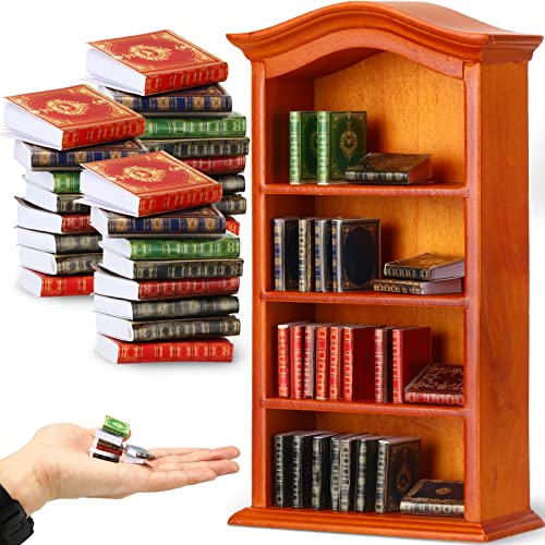 27 Pieces 1: 12 Scale Miniatures Dollhouse Books and 1 Pieces Wooden Bookcase 4 Floors Dollhouse Bookshelf Miniature Furniture Mini Books Model Decoration Accessories