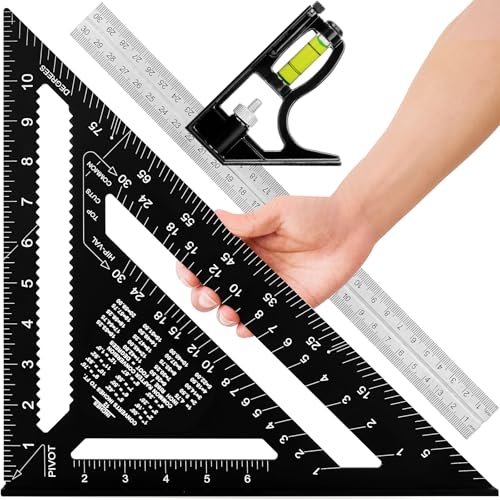 12" Advanced Rafter Square and Combination Square Set, 12 Inch Imperial Carpenter Square Woodworking Framing Square, Triangle Protractor Layout Ruler Tool