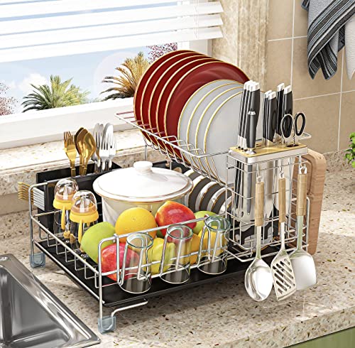 slhsy Dish Drying Rack, Stainless Steel 2-Tier Dish Rack with Cup/ Utensil Holder Cutting Board / Knife Holder Drain Board for Kitchen Counter