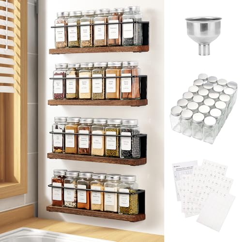 KitHero Magnetic Spice Rack with 24 Jars, 216 Labels, 1 Steel Funnel for Refrigerator，Microwave Oven - Full Set of Spice Organizer