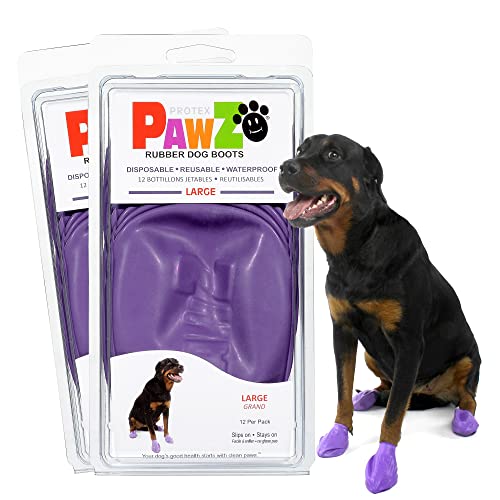 PawZ Rubber Dog Boots for Paws up to 4", 24 Total (2 Packs of 12) - All-Weather Dog Booties for Hot Pavement, Snow, Mud, and Rain - Waterproof, Anti Slip Dog Socks - Large, Purple