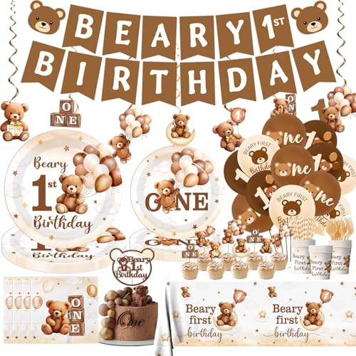 189Pcs Beary First Birthday Party Decorations for Boy,Brown Beary 1st Birthday Theme Tableware Teddy Bear One Year Old Disposable Plates Napkin Tablecloth Spiral Banner Balloon Cake Topper,Serve 24