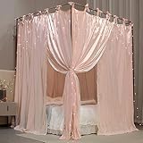 AIOOO 4 Corners Post Princess Curtain Bed Canopy Double Layer Cozy Mosquito Net Mesh and Cloth for Girls Adults Bedroom Decoration (Double-Beigepink/White, 78" W*86" L*82"*H/(King))