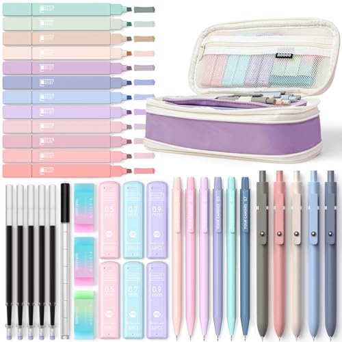 Four Candies 39 PCS Aesthetic School Supplies with Cute Pen Case, 12 Pastel Highlighters, 5 Black Ink Gel Pens, 6 Mechanical Pencils Set 0.5 & 0.7mm for Students Stationary College Essentials (Purple)