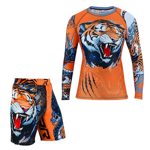 ROAR-INT MMA Rash Guard & BJJ Shorts Set Kids Fight Training Grappling Wear Jiu Jitsu Gi Trunks Outfit Set (Standard, X-Small, Tiger-Dragon-2Pcs-Set)