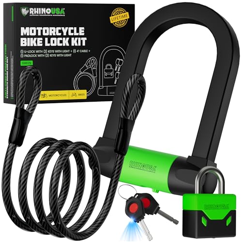 Rhino USA Bike Lock Set - Heavy Duty Anti Theft U Lock, 4FT Steel Security Cable, Padlock, 4 Lighted Keys. Dual Purpose Locks for EBike, Motorcycle, Electric Scooter, Bicycle