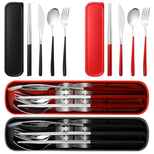 Kritkin 2 Sets Travel Cutlery Set 18/8 Stainless Steel Cutlery 6 Pcs Reusable Utensils Set with Case Portable Silverware Lunch Box for Camping School Office(Silver, Red, Black)