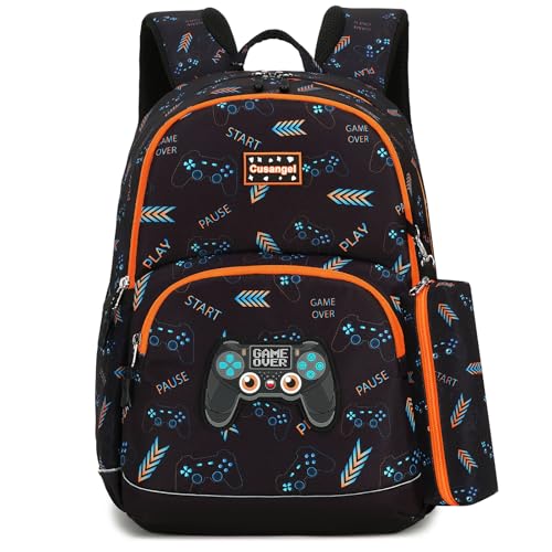 Cusangel 3D Game School Backpack For Toddler Boys,For 5-10 Ages Daycare or Elementary SchoolBag,18L bookbag Lightweight boy Backpacks with Whistle,Front buckle,Pencil bag,Night Reflective Bar