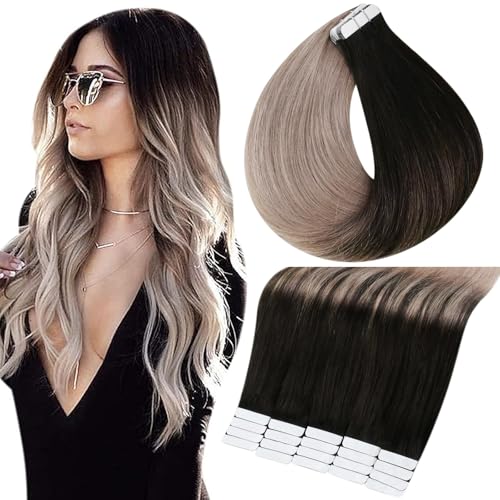 Full Shine 22 Inch Balayage Tape in Hair Extensions Human Hair Color 1B Off Black Fading to Ash Blonde 18 Seamless Skin Weft Human Hair Tape in Extensions 50 Gram 20 Pieces Ombre Remy Hair Tape in