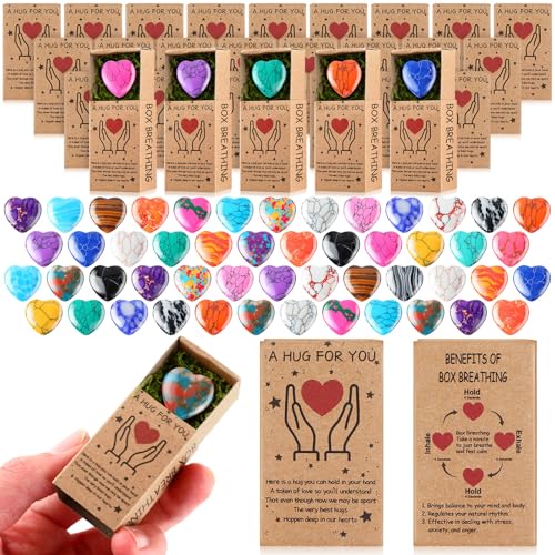 Landical 50 Sets Pocket Hug Token Gifts Small Crystal Heart Stones Bulk with Boxes Mini Heart Shape Natural Stones for Colleagues Family Distance Social Celebration of Life Gifts(Texture)