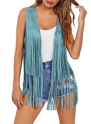 Dokotoo Womens Fringe Vest Top 70s Hippie Casual Western Party Cowgirl Shirts Sleeveless Fringe Jacket Open Front Cardigan Faux Suede Leather Tassel Party Summer Country Concert Outfits Blue Large
