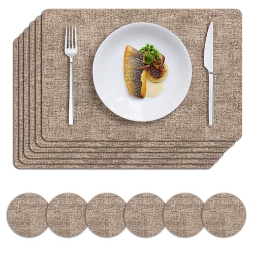 MOSAYT Faux Leather Placemats Set of 6, Heat Resistant Wipeable Washable Vinyl Place Mats with Coasters, Waterproof Oil Proof Table Mats for Kitchen Dining Party Indoor Outdoor, 12" x 18", Khaki