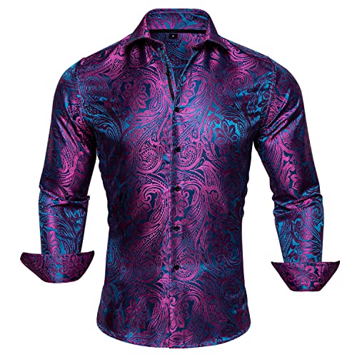 Barry.Wang Mens Dress Shirt, Violet Floral Silk Long Sleeve Button Down Regular Fit Shirts Elegant