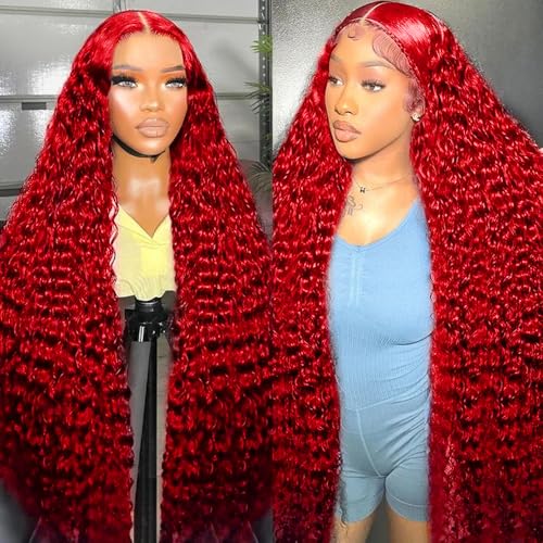 Rovess Red Curly Wig Deep Wave Lace Front Wig Human Hair HD Transparent Lace Frontal Wig Human Hair Red Wig 200% Density 13X6 Red Lace Front Wigs Human Hair Pre Plucked Wigs for Women Red Wigs 28 Inch