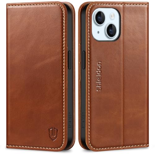 SHIELDON Case for iPhone 15 5G 2023, Genuine Leather Wallet Book Case Magnetic RFID Blocking Credit Card Holder Kickstand Shock Absorbing Case Compatible with iPhone 15 6.1" - Retro Brown