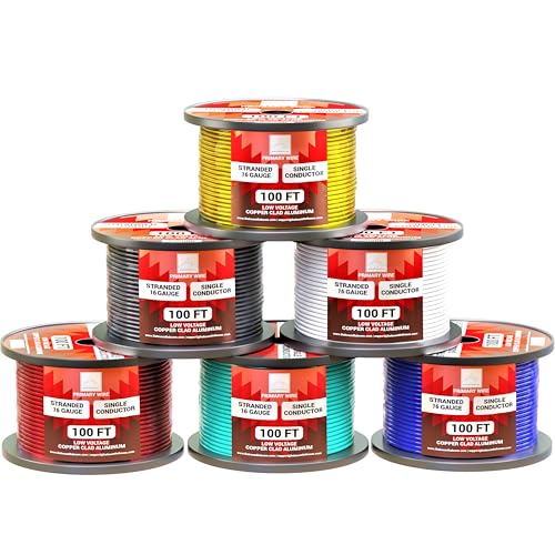16 Gauge Wire Combo 6 Pack (600ft Total) 100ft Per Roll, 12V Low Voltage Automotive and Electrical Cable, Copper Clad Aluminum (CCA)