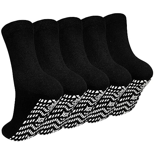 Artfasion No Slip Grippy Socks: Non Skid Grip Socks for Men Women Anti Slip Socks with Grippers for Seniors Hospital Yoga Black 5 Pairs Size 10-13