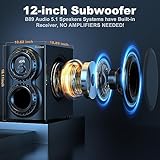 Bobtot Surround Sound Systems 1400 Watts Peak Power Home Theater Speakers - 12" Subwoofer Strong Bass 5.1 Wired Loud Stereo Audio System with Bluetooth HDMI ARC Optical Input for TV