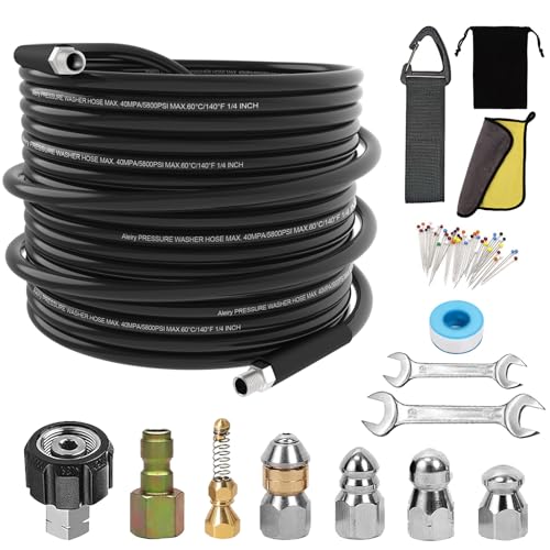 Sewer Jetter Kit for Pressure Washer,Water Jet Drain Cleaning Hose with Corner Rotating Button Spring Nose 1/4" NPT Sewer Cleaning Tool High-Pressure Nozzles,5800 PSI 100 FT