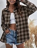 HangNiFang Flannel Shirts for Women Oversized Coffee Plaid Shirts Blouse Tops(0368-Coffee-S)