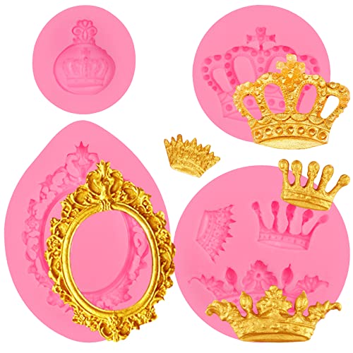 DIY Handcraft Silicone Crown Fondant Candy Molds 4 Pcs, Crown Silicone Mold for Vintage Frame Fondant Mold Cake Decoration Sugar Cupcake Topper Resin Polymer Clay Crafts Jewelry