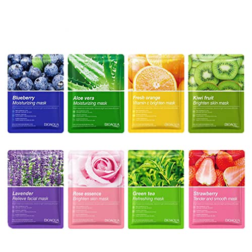 BIOAQUA Fruit Flower Extract Vitamin C Facial Mask Plant Essence Moisturizing Fiber Membrane Cloth Deep Moisturizing Face Skincare 25g x 8pcs