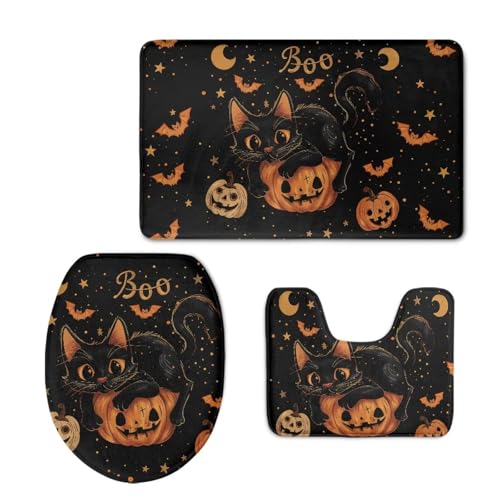 HUGS IDEA Halloween Bathroom Entrance Floor Door Mat Toilet Seat Cover and Pedestal Rug Set Boo Black Cat 3 PCS U-Shaped Toilet Mat Decorations Absorbent