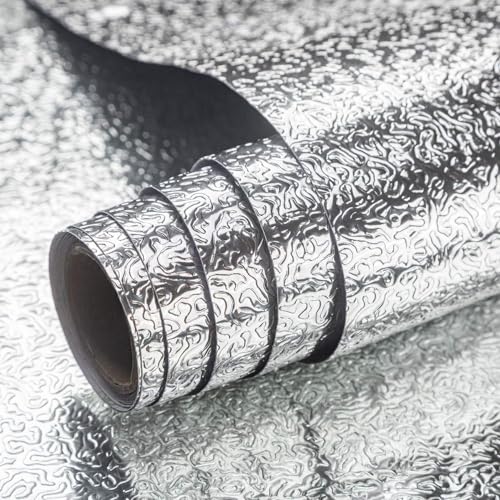 24"x197" Kitchen Wallpaper Oil Proof Sticker Silver Contact Paper Metallic Look Kitchen Backsplash Peel and Stick Wallpaper Waterproof Aluminum Foil Heat Resistant Wall Paper Shelf Liner for Cabinet
