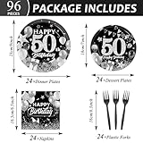 OBUSATT 96PCS 50th Birthday Party Supplies Black and White Silver 50th Happy Birthday Paper Plates Napkins 50th Party Decorations 50 Years Old Dinnerware Party Favor Men Women Tableware Serves 24