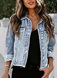 EVALESS Womens Basic Button Down Washed Denim Jeans Jacket Coat 2025 Trendy Fall Boyfriend Distressed Ripped Long Sleeve Trucker Jacket Outwear Light Blue X-Large