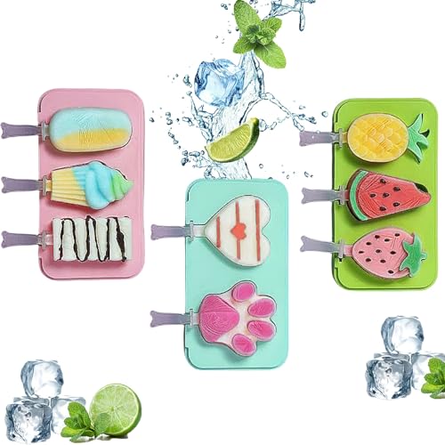 3 Pcs Popsicles Molds Bpa Free,Cute Versatile Ice Pop Silicone Popsicle Molds For Toddlers and kids.Homemade Frozen,Popsicle Maker Mold Set Easy to Unmold (3 PCS (fruit*1+love*1+ice cream*1))