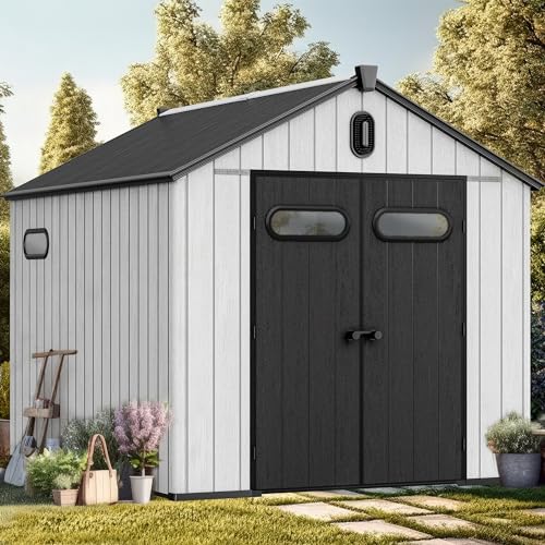 YITAHOME 8x10ft Outdoor Resin Storage Shed with Floor, 544 cuft Waterproof Garden Shed with Lockable Door, Windows & Vents, Plastic Tool Storage for Patio Furniture, Lawnmower, and Bike Storage, Gray