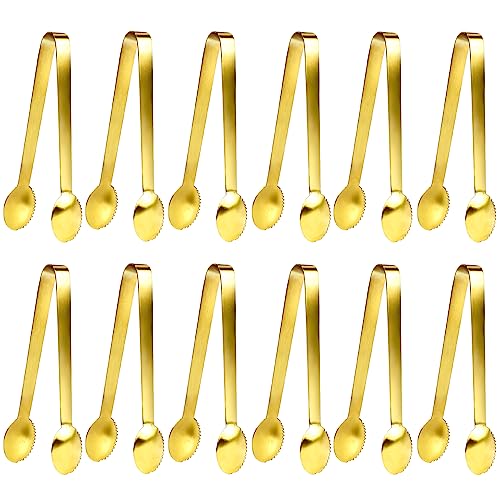 JCREN 12 Pcs Gold Tongs Serving Tongs Stainless Steel Tongs for Serving Food, Small Appetizer Tongs Ice Tongs for Tea Party, Coffee, Appetizers, Desserts - 4.9inch