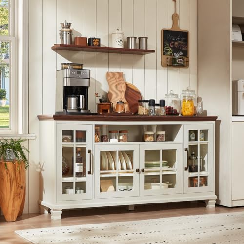 SAVOR LIFE Large Sideboard Buffet Cabinet with Storage, Vintage White Farmhouse 60" Wide Credenza Accent Cabinets with Glass Doors & Wood Legs, Kitchen Coffee Bar Table for Dining Room, Living Room